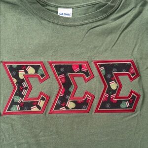 Gildan Olive Green Long Sleeve Tee with Festive Design